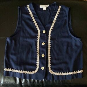 Navy Vest with White Embroidery.